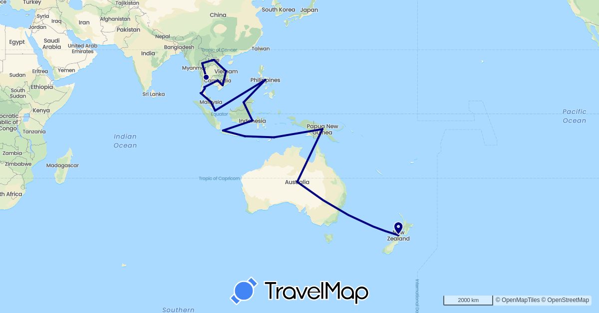 TravelMap itinerary: driving in Brunei, Indonesia, Laos, Malaysia, New Zealand, Papua New Guinea, Philippines, Singapore, Thailand, East Timor, Vietnam (Asia, Oceania)